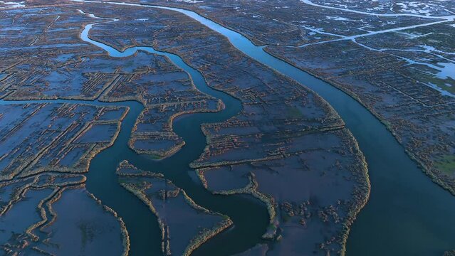 Panoramic view of the Ria de Aveiro on the Atlantic coast of Portugal. Aerial view from a drone. Portugal. Europe