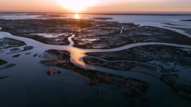 Panoramic view of the Ria de Aveiro on the Atlantic coast of Portugal. Aerial view from a drone. Portugal. Europe