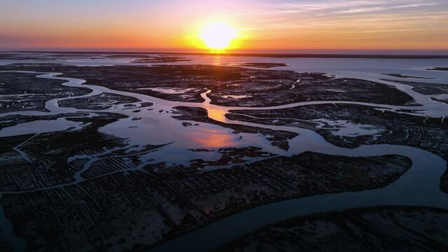 Panoramic view of the Ria de Aveiro on the Atlantic coast of Portugal. Aerial view from a drone. Portugal. Europe