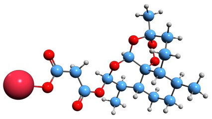  3D image of artesunate sodium skeletal formula - molecular chemical structure of antimalarial drug isolated on white background