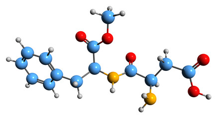 3D image of Aspartame skeletal formula - molecular chemical structure of Methyl artificial non-saccharide sweetener isolated on white background
