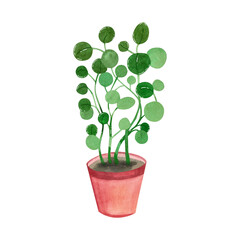 Watercolor indoor flower on a white background. Hand-drawn in green and brown. Suitable for printing on invitations, postcards, fabrics, scrapbooking and design.