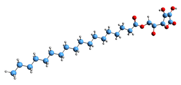 3D image of ascorbyl stearate skeletal formula - molecular chemical structure of Ascorbyl monooctadecanoate isolated on white background
