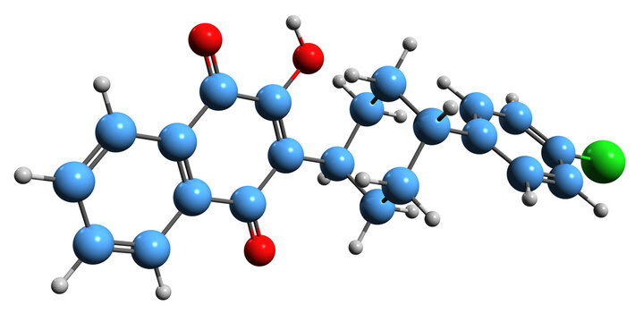 3D image of Atovaquone skeletal formula - molecular chemical structure of quinone antimicrobial medication isolated on white background
