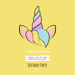 invitation, birthday card in unicorn style on yellow background. vector