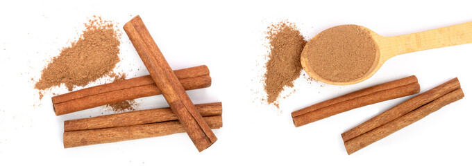 Cinnamon sticks with powder isolated on white background. Top view