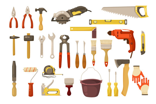 Construction instruments cartoon illustration set. Trowel, hummer, screwdriver, ruler, wood plane, electric drill, paint roller, wrench, putty knife for bricklayers. Building tools or service concept