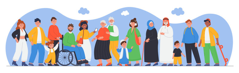 Multicultural group of people flat vector illustration. Various social groups standing together, old and young men and women, multinational or multiracial community or crowd. Society concept