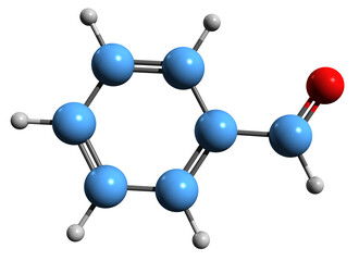 Obraz premium 3D image of Benzaldehyde skeletal formula - molecular chemical structure of aromatic aldehyde isolated on white background