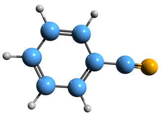 3D image of Benzonitrile skeletal formula - molecular chemical structure of cyanobenzene isolated on white background