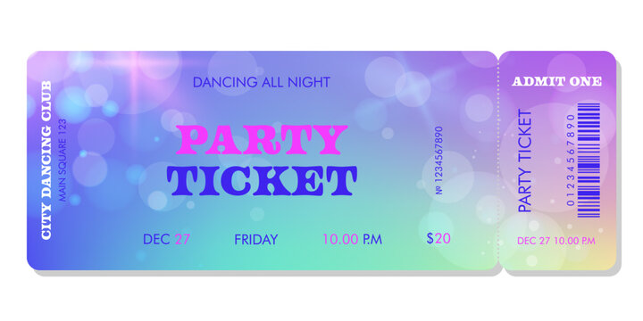 Event ticket template in rainbow background. For discos, parties, concerts and other events in modern style. Vector can be used for web and print.