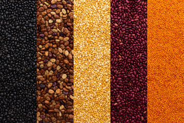Different types of legumes, lentils and yellow peas, brown, red and black beans, top view