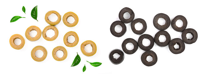 slice green olives isolated on a white background. Top view. Flat lay