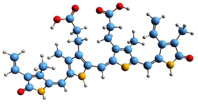 3D image of Biliverdin skeletal formula - molecular chemical structure of green tetrapyrrolic bile pigment isolated on white background