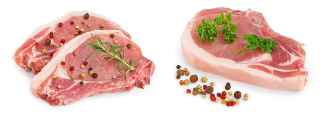 sliced raw pork meat with rosemary and peppercorn isolated on white background