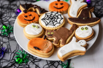halloween dessert sweet baked trick or treat cookies, cake, bisquits shaped pumpkin, ghost, with,  - 541070659