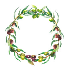 watercolor wreath of color black and green olive plant on white for your text
