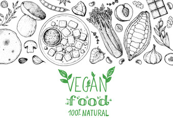 Vegan food frame. Hand drawn vector illustration. Menu design template. Vegan food sketch. Vintage design template. Product design. Great for packaging, recipe book, menu. Vegetarian food sketch.