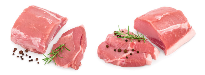 Raw pork meat with rosemary and peppercorn isolated on white background. Top view. Flat lay