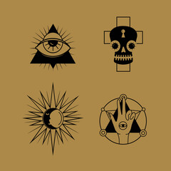 Celestial Magic gold colour illustration of icons and symbols of sun, moon, crystals, evil eye, witch hands. Set of Esoteric symbols, alchemy and witchcraft vector art.