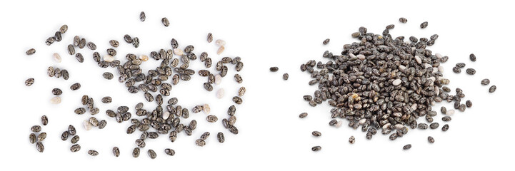 Chia seeds isolated on white background with full depth of field. Top view. Flat lay.
