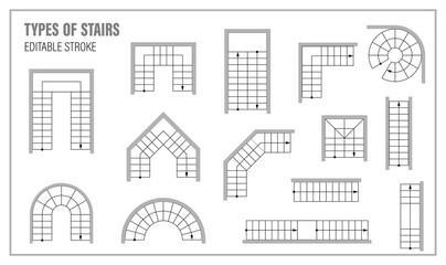 Set of stairs for floor plan top view. Kit of icons for interior project. Architectural elements for scheme of apartments. Construction symbol, graphic design element, blueprint. Vector