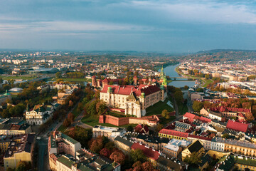 Fototapeta na wymiar Poland. Aerial Krakow skyline with Wawel Hill, Cathedral, Royal Wawel Castle. Wawel Castle is the main historical attraction in Poland. A tourist route. Historic royal Wawel castle in Cracow. 