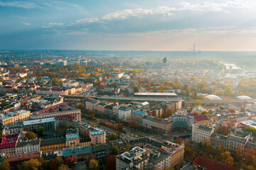 Old city center view in Krakow. Central market square in Wroclaw Poland with old colourful houses. Krakow Market Square from above, aerial view of old city center view in Krakow. Medieval city center.