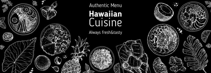 Hawaiian food top view vector illustration. Food menu design template. Hand drawn sketch. Hawaiian food menu. Vintage style. Saimin Noodle Soup, Garlic Shrimp, Kalua Pork, Huli Chicken, Poke Bowl, Lau