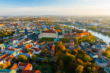 Obraz premium Poland. Aerial Krakow skyline with Wawel Hill, Cathedral, Royal Wawel Castle. Wawel Castle is the main historical attraction in Poland. A tourist route. Historic royal Wawel castle in Cracow. 