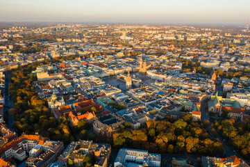 Fototapeta premium Old city center view in Krakow. Central market square in Wroclaw Poland with old colourful houses. Krakow Market Square from above, aerial view of old city center view in Krakow. Medieval city center.