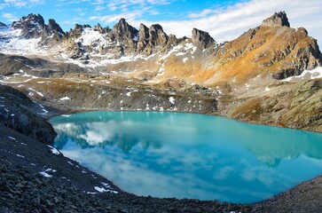 mountain panorama. view of the Wildsee and the Pizol summit. Beautiful landscape picture with the mountain lake. 5 lakes hike. five lakes. Switzerland. High quality photo