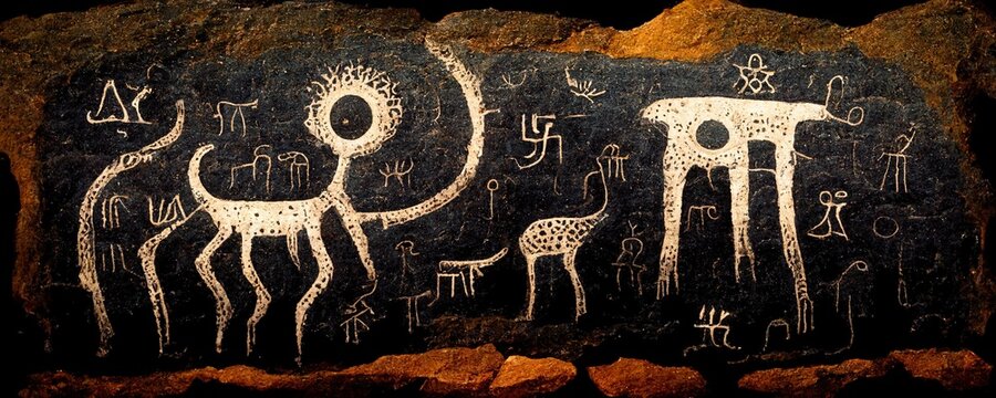 Petroglyphic Cave Drawing On Stone With Fantastic Story Plot