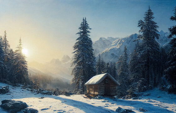 Beautiful Winter Landscape In Oil Painting Style