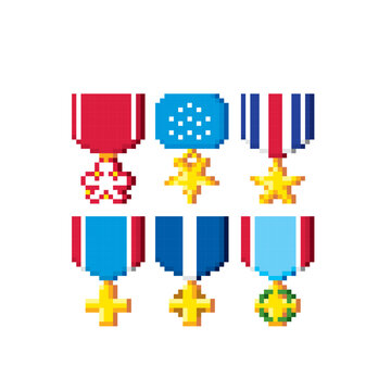 U.S. Military Medals Collection Pixel Art Icon Set. Element Design For Logo, Stickers, Web, Embroidery And Mobile App. Isolated Vector Illustration. 8-bit Sprite.