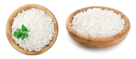rice in a wooden bowl isolated on white background. Top view. Flat lay