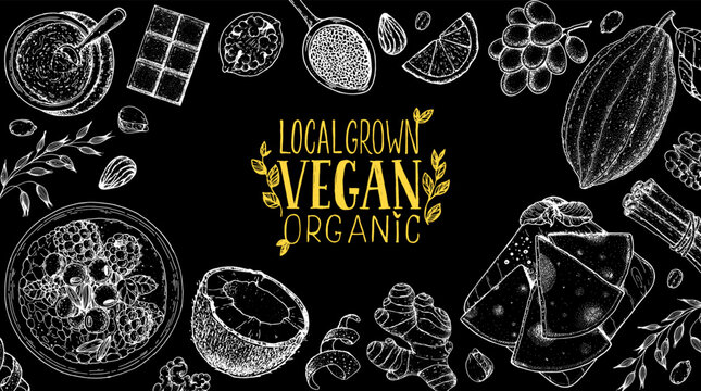 Vegan food frame. Hand drawn vector illustration. Menu design template. Vegan food sketch. Vintage design template. Product design. Great for packaging, recipe book, menu. Vegetarian food sketch.
