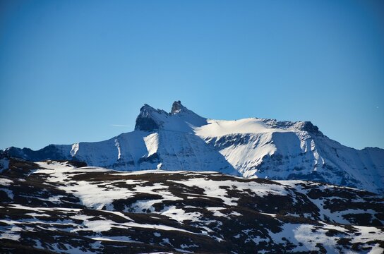 ringelspitz and tristelhorn in the canton of grisons. View from the Pizol in the direction of freshly snow-covered mountains in autumn. High quality photo
