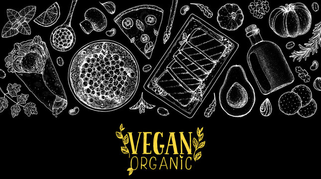 Vegan food frame. Hand drawn vector illustration. Menu design template. Vegan food sketch. Vintage design template. Product design. Great for packaging, recipe book, menu. Vegetarian food sketch.