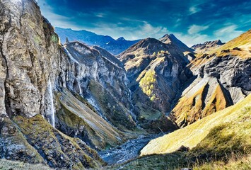 beautiful waterfalls in the swiss mountains. Batoni at Weisstannenthal near Sargans, mels, wangs. Unesco World Natural Heritage. High quality photo