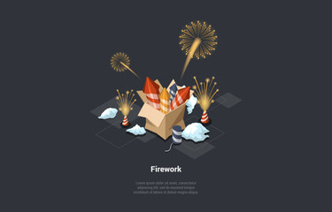 Celebration Of 4th July USA Or Christmas. Festival Firecracker, Holiday Party Rocket Petard In Cardboard Box. Firework Celebration Explosion, Explosive Firecracker. Isometric 3d Vector Illustration