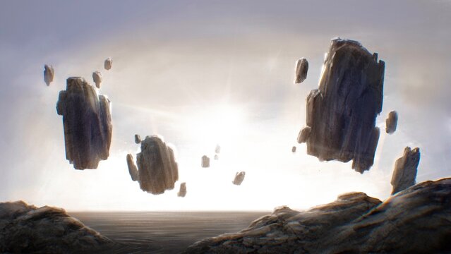 Landscape With Floating Stones. Deserted futuristic landscape with floating stones over 
the sea at sunset. Digital art style, digital painting.