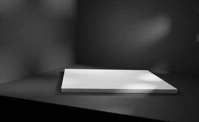 Big cube podium in dark room with simple modern shadows and light overlay. Indoor product presentation in black corner space. Concrete pedestal for advertising mockup