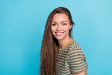 Fototapeta premium Close up photo of good looking sophisticated lady bleaching bright grin dressed stylish striped outfit isolated on blue background