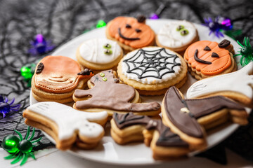 halloween dessert sweet baked trick or treat cookies, cake, bisquits shaped pumpkin, ghost, with,  - 541073246