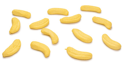 Banana marshmallow candy isolated on a white background.