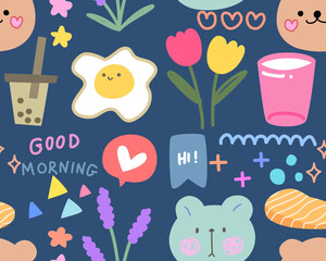 Vector seamless pattern Cute kawaii color full  Doodle art for background