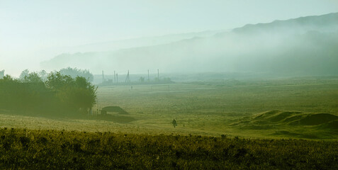 Fototapeta na wymiar mysterious fog on hillside in autumn Mist, trees are wet, damp fog of forest beautiful landscape Olanesti Moldova Panoramic view rural village Early morning the herd of cows grazing. CINEMATIC