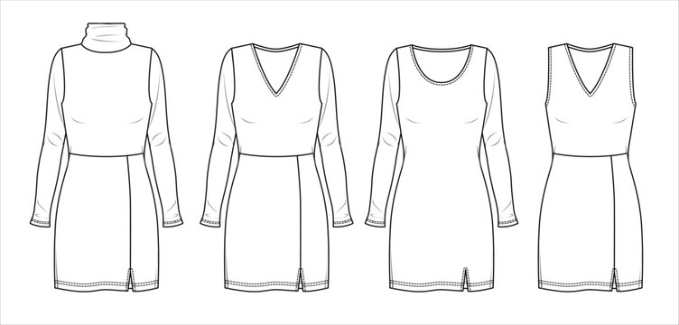 Vector mini dress set technical drawing, short summer dress with side slit fashion CAD, women long sleeve dress with V-neck sketch, template. Jersey or woven fabric dress with front, back view, white