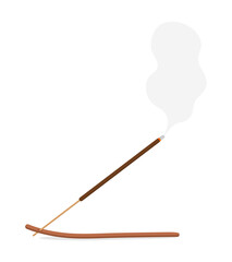Incense stick on a wooden stand burning with smoke on a white background. Aromatherapy procedure. Vector illustration in flat style
